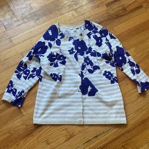 Liz Claiborne New York Stripes Floral Mixed Pattern Cardigan 3/4 Sleeve Sweater